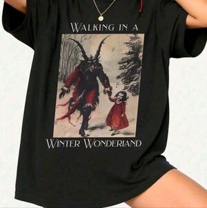 Black Graphic T-Shirt with Winter Wonderland Design.